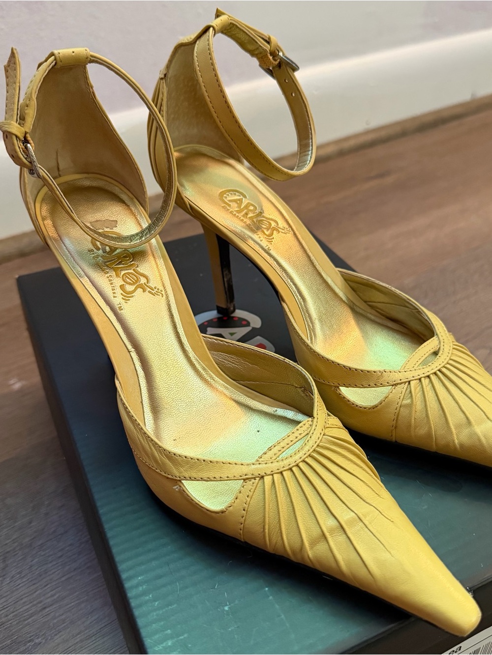 Carlos by Carlos Santana Gold Pointed-Toe Ankle-Strap Heels